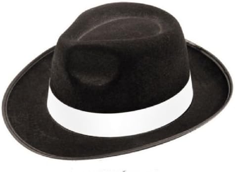 Adult black gangster hat felt trilby Fedora Al Capone fancy dress Italian mafia - Trilby-Style Velour Hat With White Ribbon Band Trimming.