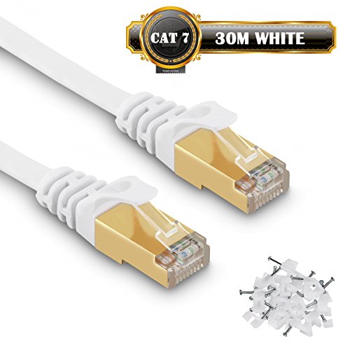 JONI FUN 30m Cable de Red Cat7 Cable Ethernet LAN con Conector RJ45 Cable de Conexión a Red - 10 Gigabit, 750MHz, Cable STP - Compatible con Cat 6, Cat 5e, Cat 5 - Blanco - 30M - Clips Gratis