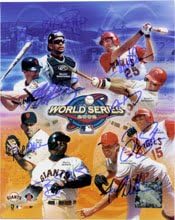 Signed World Series 2002 San Francisco Giants / Anaheim Angels 8x10 by the 2002 world series players (Jarros Washburn, Tim Salmon, Adam Kennedy, Troy Glaus, Benito Santiago, Jeff Kent, Robb Nen and Barry Bonds) 8 Signatures in all autographed