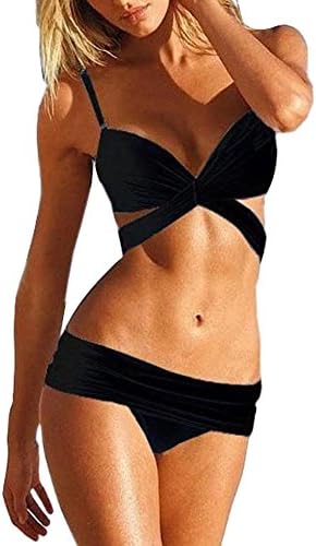 SOTW Women Sexy Straps 2PCS Swimsuit Swimwear Bikini Set Bathing Suit Beachwear, Black, L