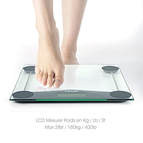 REIDEA Digitale Personenwaage Körperwaage aus Sicherheitsglas, 5kg-180kg, mit Großem LCD-Display, Batterie und Maßband, Schwarz - 3