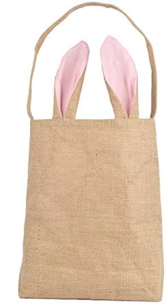 Fancyus Easter Bunny Bag Easter Basket,Dual Layer Bunny Ears Design Jute Cloth Material,Easter Bag Tote Bag Carrying Eggs Gifts for Easter Party (Pink)
