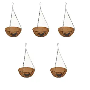 BIO BLOOMS AGRO INDIA PRIVATE LIMITED Coir Hanging Pot 10 inches 5 PCS. Metal Basket with Chain, Coir pots and Coco peat, ECO Friendly Hanging POTS Coir Fibre 5 Sets with Coir Block Bio_41
