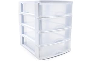 CABLEPELADO Torre de Almacenamiento con 4 cajones, Cajonera de plástico, Torre de almacenaje, Organizador de escritorio, 23 cm alto x 17.5 cm ancho x 21.5 cm fondo, Apto para escritorio, Blanco