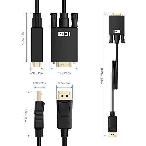 ICZI DisplayPort auf VGA Kabel (Male zu Male, vergoldet Stecker, 1080p) Adapter, für der Monitor mit VGA Buchse anschließen, Schwarz (3m) - 7