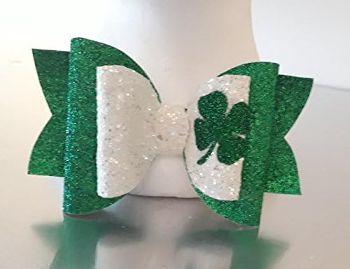 St Patricks 4 Leaf Clover Green and White Glitter Hair Bow Super Soft Elastic Headband Crocodile Hair Clip