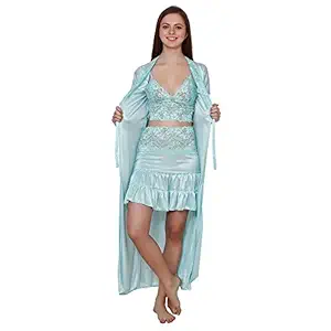 Queen Pretty Womens Satin Nighty with Robe (Blue)