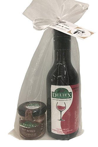 Regalo de vino tempranillo Extremeño con un tarro de paté ibérico, ambos de marca Deliex, en bolsa de organza (Pack 24 ud)