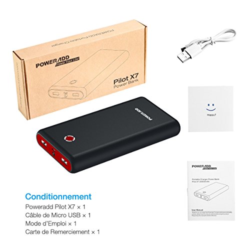 POWERADD Pilot X7 Chargeur Portable 20000mAh avec Deux Port de Sortie  3 1A 3 1A  pour iPhone  iPad  Samsung  Huawei  d   Autres Smartphones - Noir Rouge