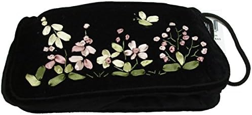 Black Cotton Velvet Girls Ladies Ribbon Embroidery Lined Clutch Bag Wrist Cord Strap