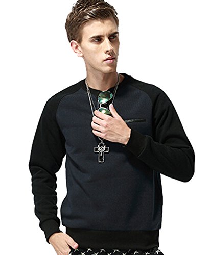 Demakrt Mens Winter Base Shirts Cotton Thick Spliced Blouse Top Sweatershirt Pullover Deep Blue L
