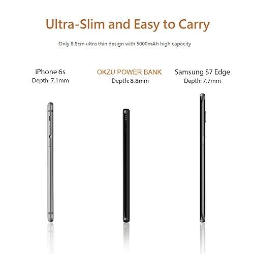 Okzu Slim 5000Â mAh Tipo C input/output caricabatterie portatile Power Bank, batteria esterna, ultra sottile, compatto e leggero per iPhone 7/6s/6, Samsung Galaxy, Nexus, HTC, Huawei e altri