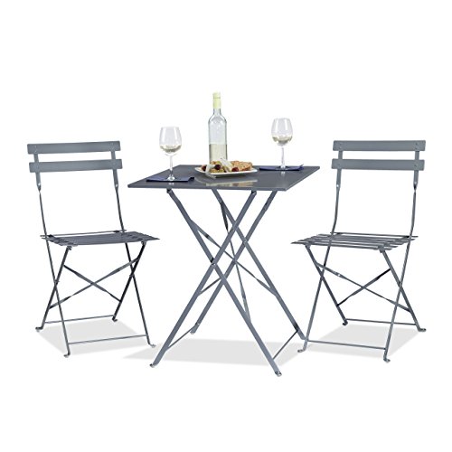Relaxdays Bistrotisch mit 2 Stühlen, Klappbar, Eckig 60x60 cm, Metall, Outdoor, Garten Bistroset 3 Teilig, Wetterfest, Grau