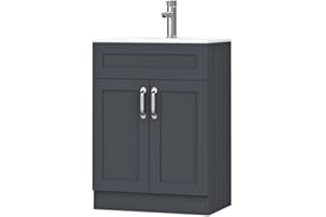 BELOFAY Crawley Grey 600mm Floor Standing Bathroom Vanity Unit With Basin - Laquered Cloakroom Vanity Unit with 1 Tap Hole Ceramic Basin and Soft Close Hinges. (WASTE INCLUDED)