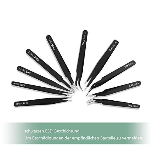 GHB 10Pcs Pinzetten ESD Anti Statik Edelstahl präzise Präzisions Reparatur Werkzeug Schwarz für Elektronik Schmuckherstellung Industrie Kosmetik - 2