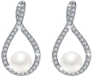 Women Earrings for Mother's Day, 925 Sterling Silver Pearl Earrings Studs with SWAROVSKI® Cubic Zirconia, VEECANS Endless Love Ladies Jewellery Gift Package