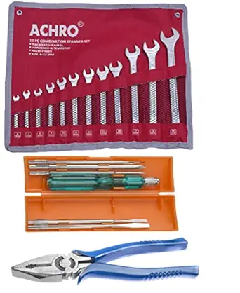 ACHRO 919 Universal Tool Kit Set for Home/Garage/Car/Bike/Industry -Contains 6 Pieces Screwdriver Set + 12 Pieces Combination Spanner Set + 8 inch Combination Plier (Multicolour) - Set of 19 Pieces