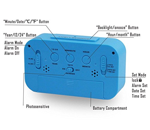 LED Digitaler Wecker VPOWER® Großer Display, Schlummertaste, Datumsanzeige, Temperatur und Sensor Licht Blau - 3
