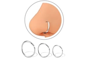VYIZERR 3pk Silver Nose Rings Hoops Thin Snug Surgical Steel Nose Septum Tragus Earring lip Nostril Piercing Jewelry for Women, 20g guage + 3 Size in 1- Pack 6mm 8mm 10mm