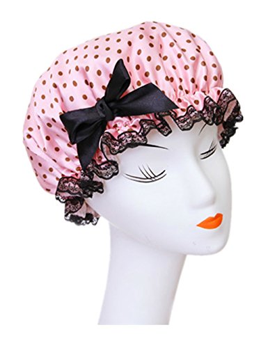Moolecole Fashion Women's Bow-knot Waterproof Double Layer Shower Cap Polka Dots Bathing Cap Spa Shower Hat