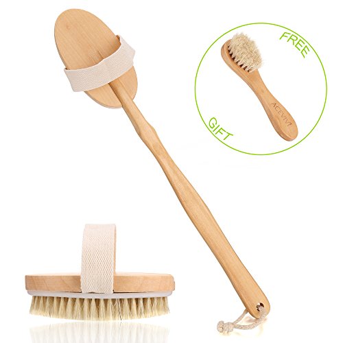 ACEVIVI Body Bath Brush - 100% Natural Bristles Therapeutic Body Dry Brush Comes with a Long Handle and Detachable Brush Heads - FREE Horse Hair Face Brush