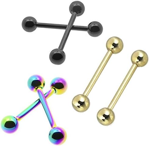 Body Jewllery Shack Pack of 2 Nipple bar Tongue bar Barbell Straight Basic Black, Rainbow or Gold (5mm Balls) 316L Surgical Steel 16mm and 14mm Long