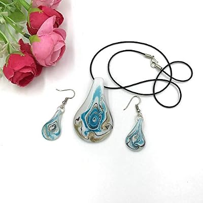 Ecloud Shop Collier Boucles d'oreilles Blue Leaf Murano perles Murano FASHION