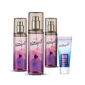 Layerr Wottagirl Secret Crush Body Spray Perfume For Women- 3 x 60 ml | Wottagirl Face wash 25ml