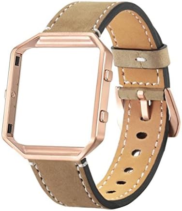 Amoyl for Fitbit Blaze Bands Leather with Frame Large, PU Leather Replacement Band with Metal Frame for Fitbit Blaze Fitness Women Men (Khaki Band Leather with Gold Frame)