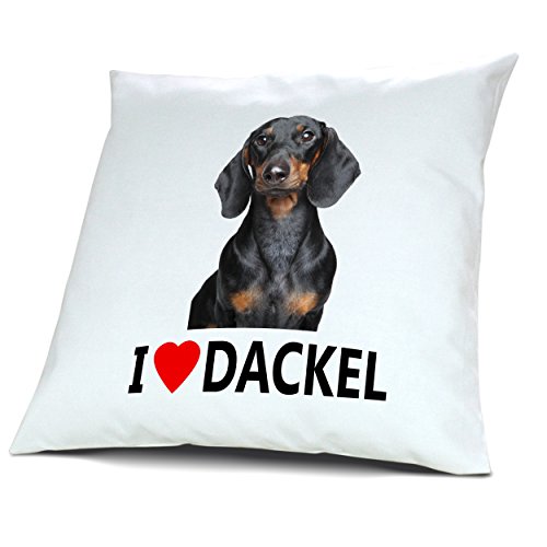 Kopfkissen Dackel, Kissen mit Füllung "I Love Dackel", 40 cm, 100% Baumwolle