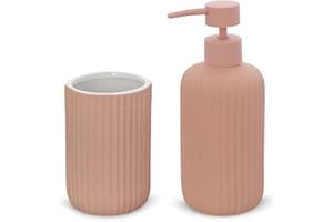 Inbagno Set Accessori Bagno 2 Pezzi in Ceramica Rosa cannettato, Dispenser Sapone e portaspazzolini Soft Touch, Spring