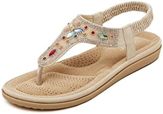 Goodful En's Bohemia Rhinestone Thong Sandals Shiny Beads Summer Beach Elastic Flat Sandals (5.5UK, Apricot)