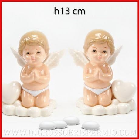 Ingrosso e Risparmio Coloured Porcelain Figurine Shape of Guardian Angel Placed On A Cloud Side of a white heart, rifinitissimi – bomobniere Christening, Birth, Communion kit 1 pz. pink