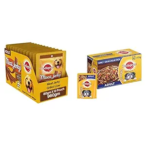 Pedigree Adult Dog Treat Sticks Meat Jerky Stix, Grilled Liver, 12 Packs (12 x 80g) & Pedigree Adult Wet Dog Food, Grilled Liver Chunks Flavour in Gravy with Vegetables, 15 Pouches ( 15 X 70 g )