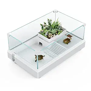 Glass Turtle Tank Aquarium, SILICAR Turtle Habitat Reptile Terrarium with Basking Platform, Bottom Drain Design, Multifunctional Area Great for Turtles, Hermit Crabs, Terrapin and Small Reptiles