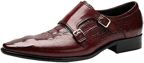 Wuf Mens Real Leather Double Monk Strap Buckle Formal Wedding Shoes Crocodile Embossed (UK 10, Brown)