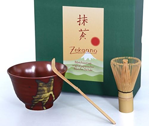 Zekaano Original Japanese Matcha Bowl Chawan Matcha Set 350ml with Matchabesen Chasen Bamboo Spoon Chashaku, Trapezoidal, Red/Brown, Ø 12.2 cm – Aricola®