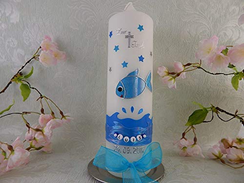 Taufkerze Fisch blau mit Sternen Taufkerzen Junge 250/70 mm inkl. Beschriftung - 2