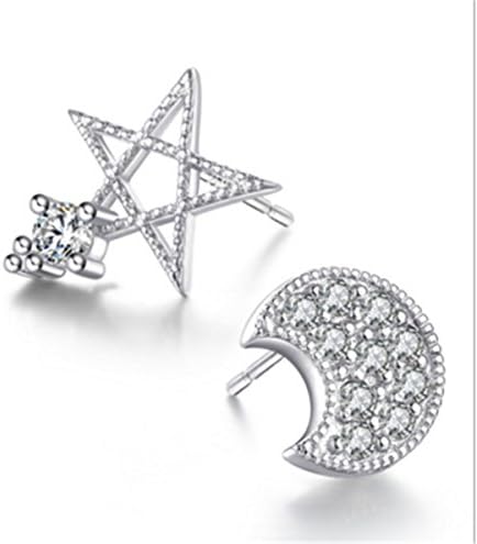 Wunhope Women Girls 925 Sterling Silver with Small Diamond Fashion Asymmetric Moon and the Stars Stainless Hypoallergenic Stud