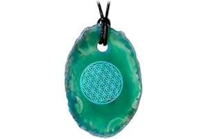 Kaltner Präsente Idea regalo – Collana in pelle per uomo e donna con ciondolo in pietra agata verde laser fiore della vita (Ø 5 cm)