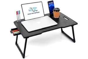 Smart Multipurpose Foldable Laptop Table with Cup Holder, Study Table, Bed Table, Breakfast Table, Foldable and Portable/Ergonomic & Rounded Edges/Non-Slip Legs (Black)