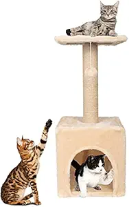 RioAndMe Cat Activity Tree and Scratching Post, Carpeted Natural Sisal Tower with Platform and Hanging Ball Cat Furniture | Made for Kitten and Small Cat (Height 72.6 cm ; Beige)