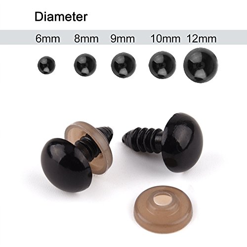 KUUQA 150 Stück 6 – 12mm Kunststoff Sicherheit Augen mit Unterlegscheiben für Puppe, Marionette, Plüschtier (Schwarz) - 2