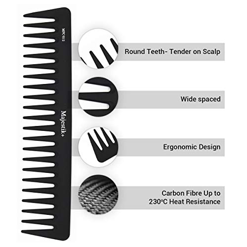 Wide Tooth comb- a pettine per capelli professionale in fibra di carbonio da Majestik +, antistatico, forza e resistenza, nero, con speciale PVC prodotto custodia gratuito