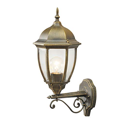 MW-Light 804020101 Apliques Para Exterior Aluminio Clásico Color Dorado Antiqued Cristal Transparente en Jardín O Hogar Rural Ip44 1 Bombilla Exl, E27 1X100W 230V
