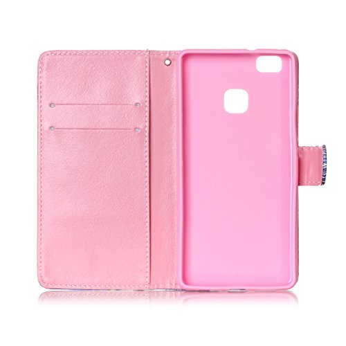Etsue für Huawei P9 Lite Eulen Rot Liebe Herz Ledertasche Lederhülle Flip Cover Case Muster, Bunte Retro Vintage Painted PU Leder Brieftasche Schutzhülle Tasche Wallet Case Handyhüllen Etui Schale im Bookstyle mit Standfunktion Kredit Kartenfächer für Huawei P9 Lite + 1x Glitzer Staub Stecker + 1x Blau Eingabestift(Funny Owls Love Heart) - 4