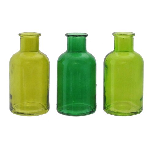 Glas Vase "BOTTLE". 3 kleine Flaschen ca 5,5 x 11cm in GRÜN -50