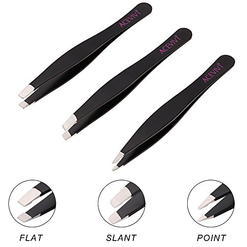 ACEVIVI Black Slanted Flat Tip Stainless Steel Hair Eyebrow Tweezer Tool Set - FREE Leather Case
