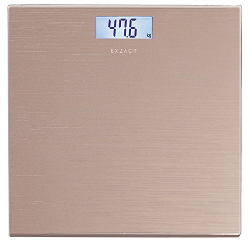 EXZACT – Personenwaage/ Elektronische Körperwaage / Digitale Badezimmerwaage - Große Kapazität 180kg / 400lb / 28st - Hohe Präzision, Schritt-auf, Hintergrundbeleuchtung LCD-Anzeige - Schlank - Farbige Glasplattform (Gold)