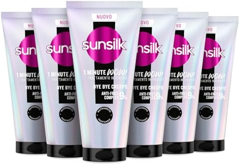 Sunsilk, 1 Minute WOW Bye Bye Crespo, Trattamento Capelli in 1 Minuto, Capelli 2 Volte Più Morbidi e Anti Crespo, con 9% Anti-Frizz Complex, Olio di Mandorla, Cheratina e Biotina, 6 Pezzi da 180 ml